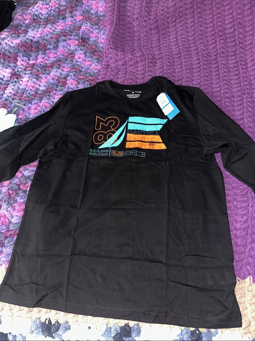 Nautica Black Long Sleeve Tee with Teal and Orange Graphic